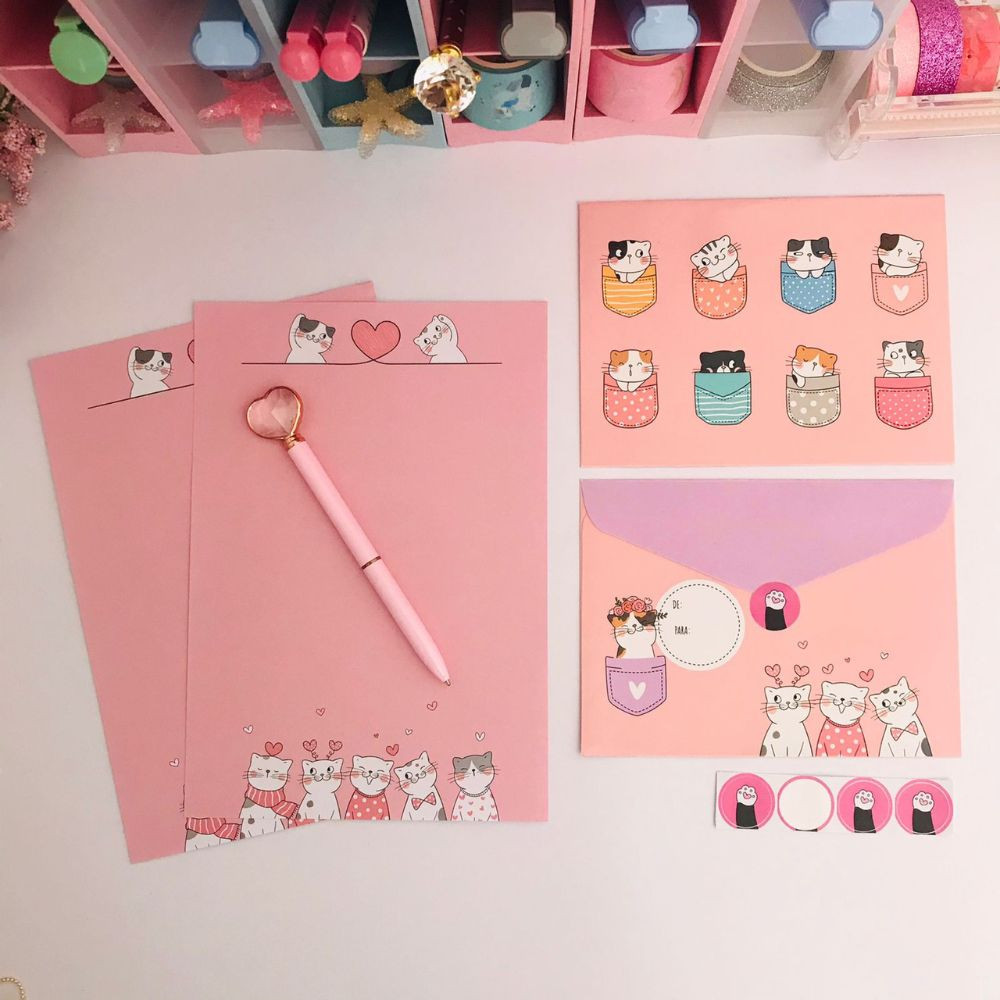 Papel de Carta Kit Com 4 Envelopes Gatinho