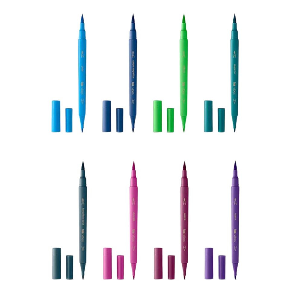 Caneta Brush Pen Aurora Boreal Tris Ponta Dupla 8 Cores