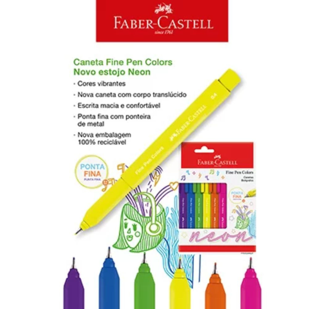 Caneta Fine Pen Faber Castell c/ 6 Cores Neon Colors