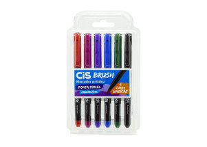 Marcador Artístico Aquarelável Ponta Pincel Brush CIS c/ 6 Cores Básicas