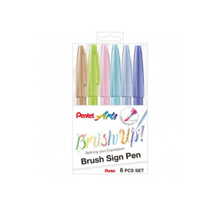 Kit Caneta Brush Sign Pen Pentel 6 Cores Pastel