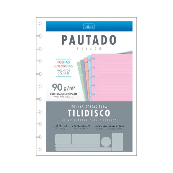 Refil para Caderno Tilidisco Pautado Colorido Universitário 90g 50F