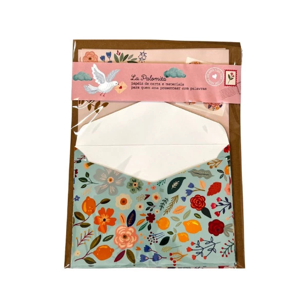 Papel de Carta Kit Com 4 Envelopes Floral Turquesa