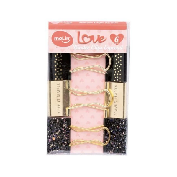 Prendedor de Papel Binder Decorado Preto Love Molin 32mm 6 Unid