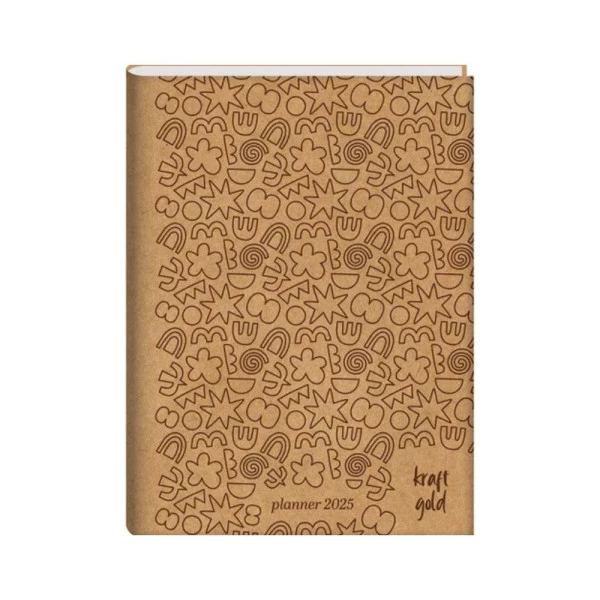 Agenda Planner 2025 Mensal Costurado Jandaia Kraft Gold Doodle 190mm x 248mm