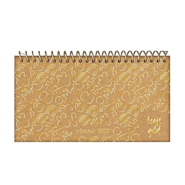 Agenda Semanal 2025 De Bolso Espiral Jandaia Kraft Gold Doodle 162mm x 90mm