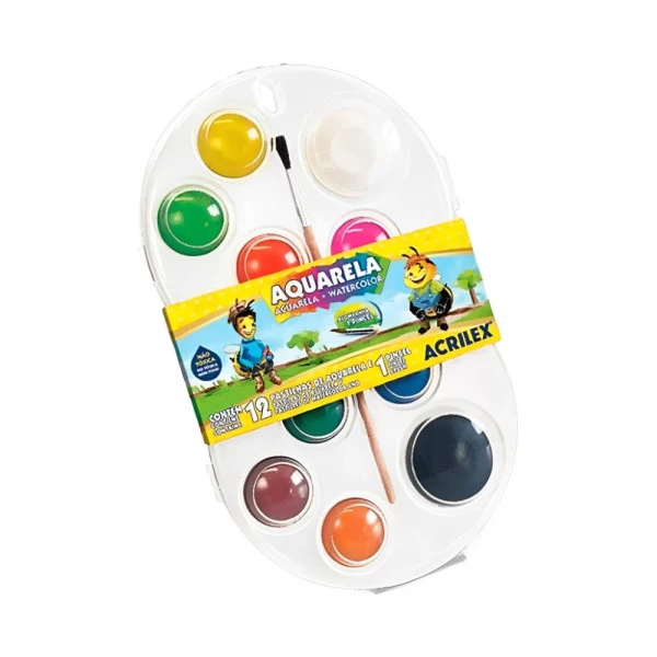 Aquarela em Pastilha Estojo Acrilex C/12 Cores e 1 Pincel