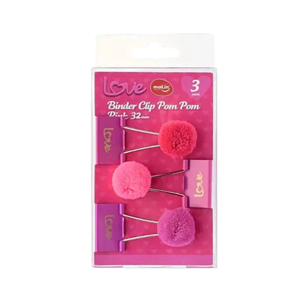 Binder Clip PomPom Rosa Pink Love Molin 3Un