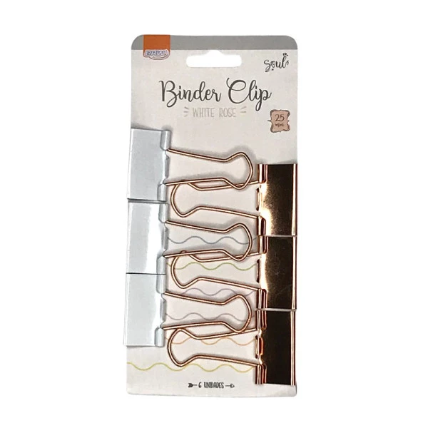 Prendedor de Papel Binder Ouro Rose e Branco 25mm 6 Un