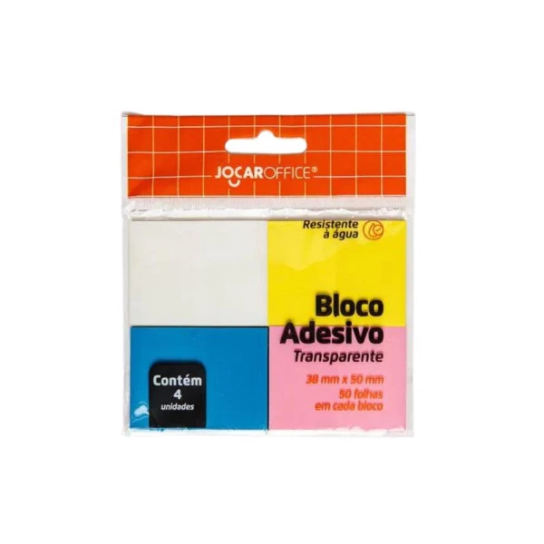 Bloco Adesivo Transparente Jocar Office C/4 Cores 38x50mm