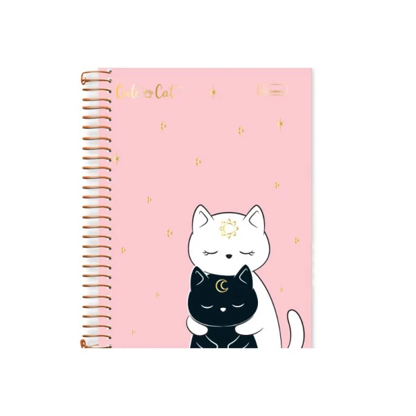 Caderno Colegial 15 Matérias Cute Cat Cadersil Rosa