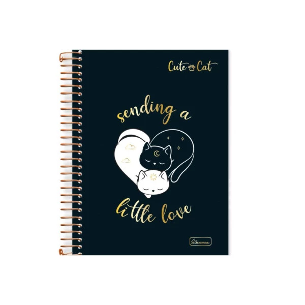 Caderno Colegial 15 Matérias Cute Cat Cadersil Preto