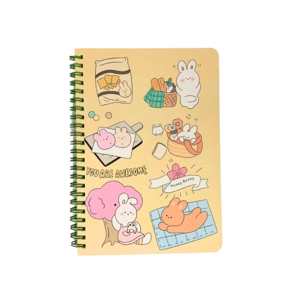 Caderno Kawaii Fofo A5 Espiral Amarelo Coelhinhos Honey Bunny