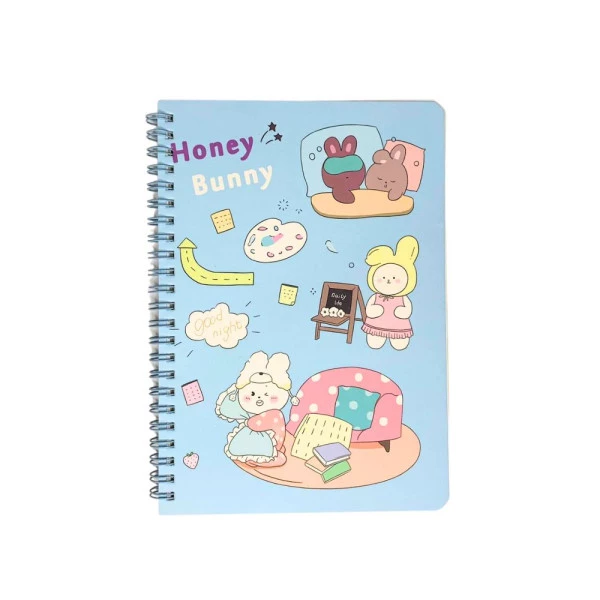 Caderno Kawaii Fofo A5 Espiral Azul Coelhinhos Honey Bunny
