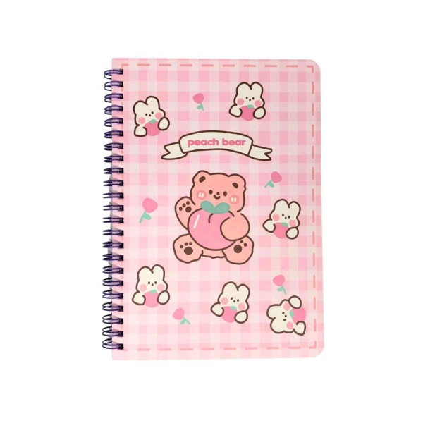 Caderno Kawaii Fofo A5 Espiral Rosa Quadriculado Peach Bear