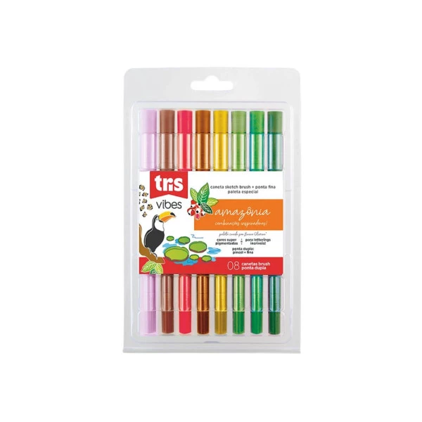 Caneta Brush Pen Amazônia Tris Ponta Dupla 8 Cores