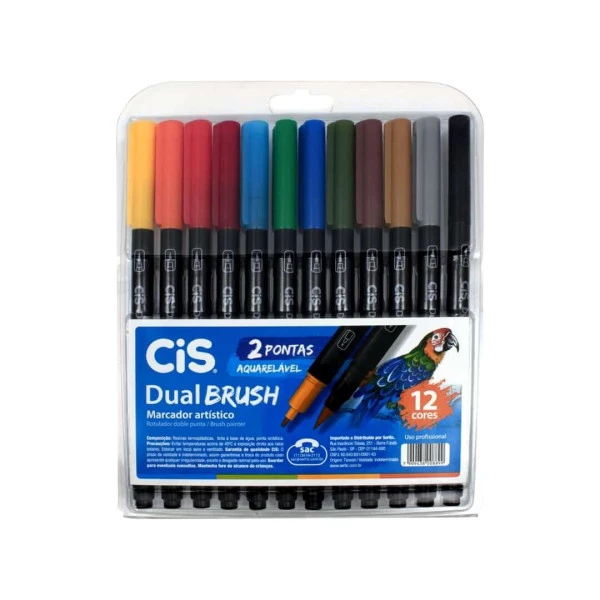 Caneta Brush Pen Aquarelável Ponta Dupla CiS 12 Cores + Blender