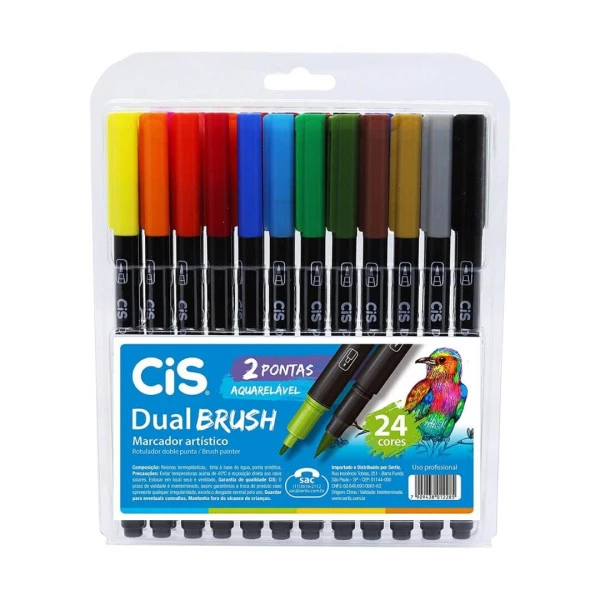 Caneta Brush Pen Aquarelável Ponta Dupla CiS 24 Cores