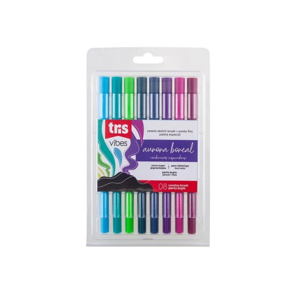 Caneta Brush Pen Aurora Boreal Tris Ponta Dupla 8 Cores