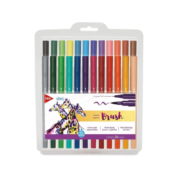 Caneta Brush Pen Tris Vibes Ponta Dupla 24 Cores