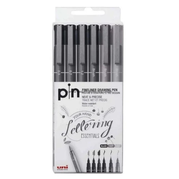 Caneta Nanquim Uni Pin Lettering Essentials Preto e Cinza Estojo c/ 6 un
