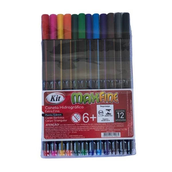 Caneta Hidrográfica Ponta Fina KIT Max Fine 12 cores