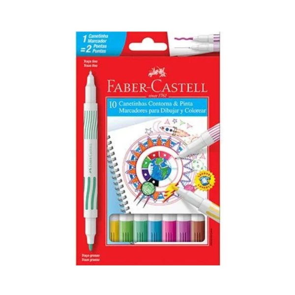 Canetinha Hidrográfica Faber Castell Contorna e Ponta Ponta Dupla 10 Cores