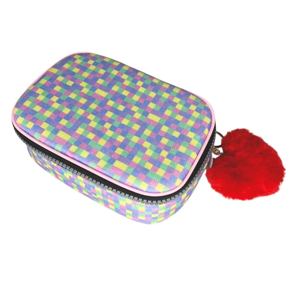 Estojo Box Xadrez Colorido Pastel Rosa Jumbo PomPom Fizz