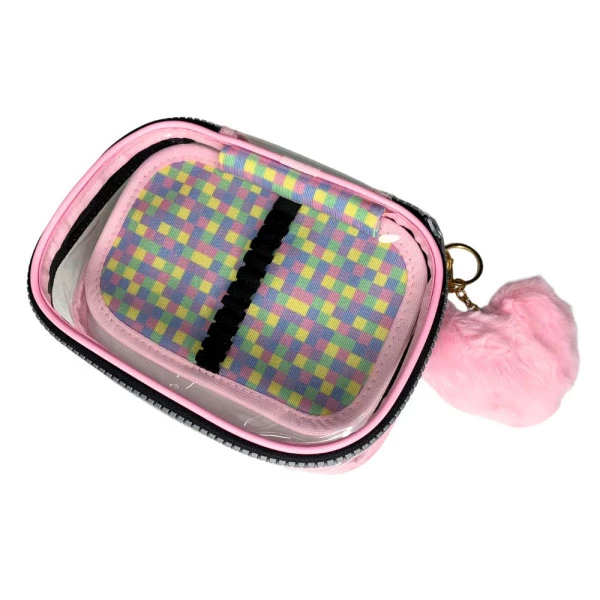 Estojo Box Xadrez Colorido Pastel Rosa Transparente Cristal Jumbo Com Aba Fizz