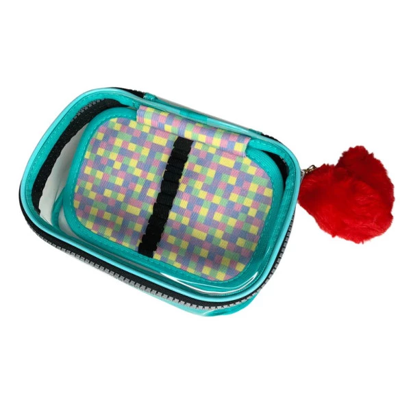 Estojo Box Xadrez Colorido Pastel Verde Água Transparente Cristal Jumbo Com Aba Fizz