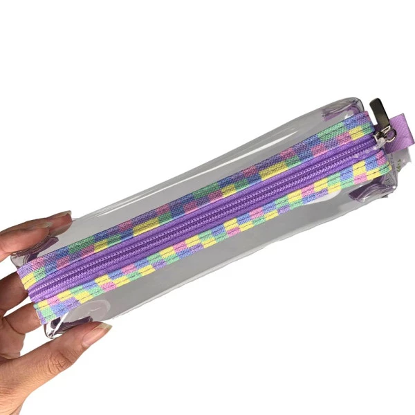 Estojo Tubinho Transparente Cristal Xadrez Colorido Pastel Lilas Fizz