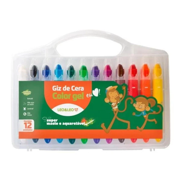 Giz de Cera Retrátil Color Gel 12 Cores - Leo&Leo