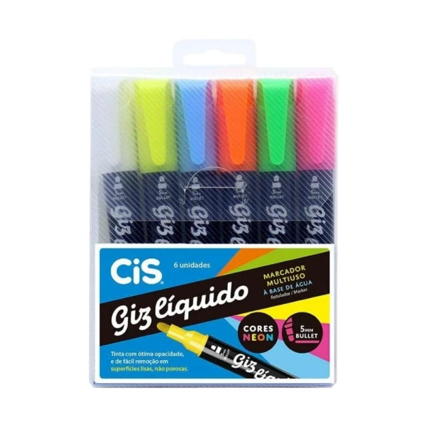Giz Líquido Marcador Multiuso Cis C/6 Cores Neons