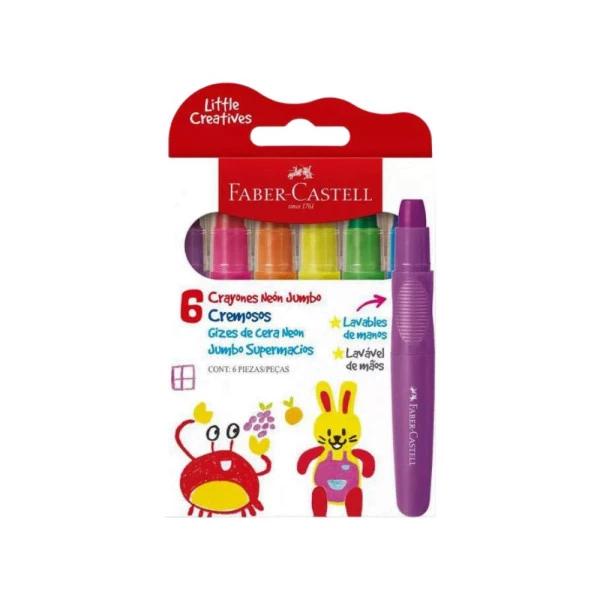 Giz de Cera Retrátil Jumbo Gel Little Creatives Faber Castell 6 Cores Neon