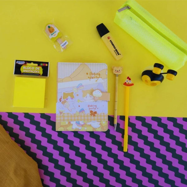 Kit Papelaria Fofinho Amarelo Completo Contendo 8 Itens