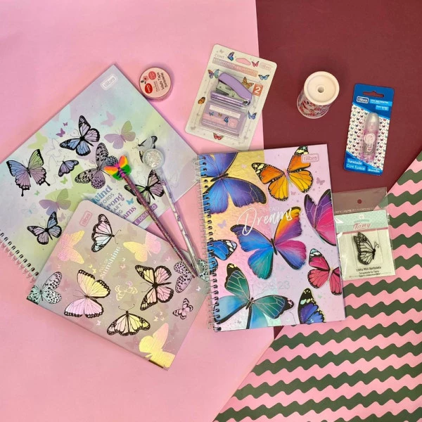 Kit Papelaria Borboleta Completo Contendo 9 itens