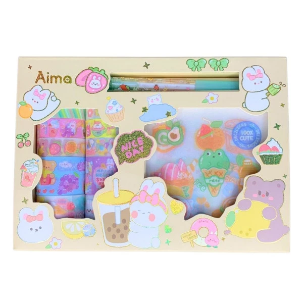 Kit Papelaria Kawaii Caixa Adesivos e Washi Tape Amarelo