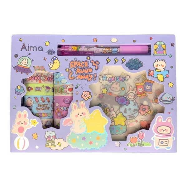 Kit Papelaria Kawaii Caixa Adesivos e Washi Tape Azul
