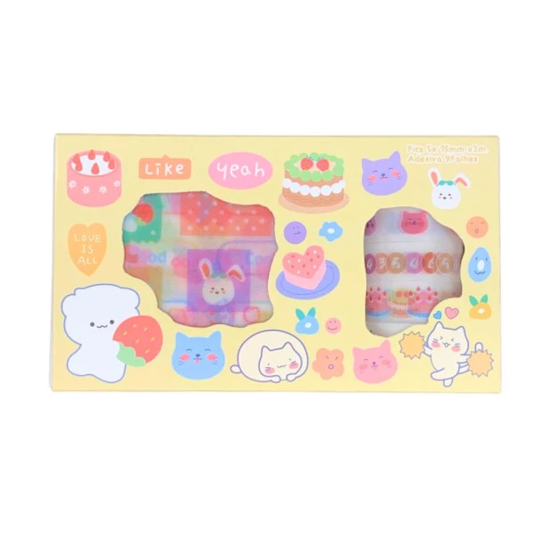 Kit Papelaria Kawaii Washi Tape e Adesivos Amarelo