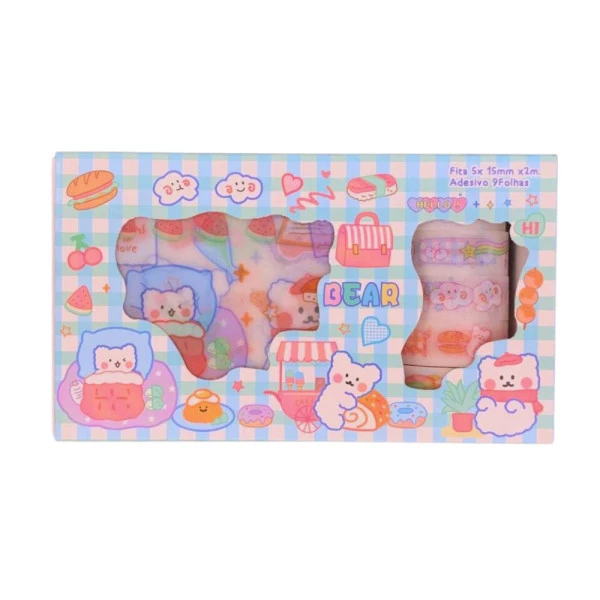 Kit Papelaria Kawaii Washi Tape e Adesivos Azul