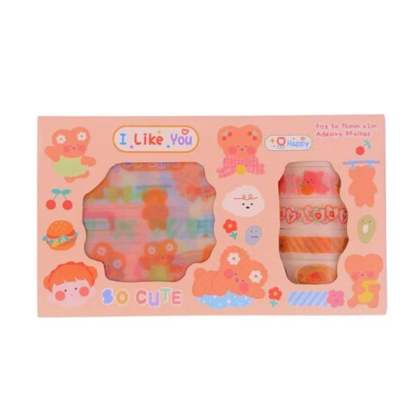 Kit Papelaria Kawaii Washi Tape e Adesivos Laranja