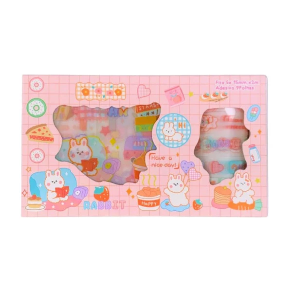 Kit Papelaria Kawaii Washi Tape e Adesivos Rosa