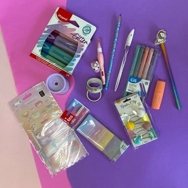 Kit Papelaria Unicórnio Completo Contendo 14 itens