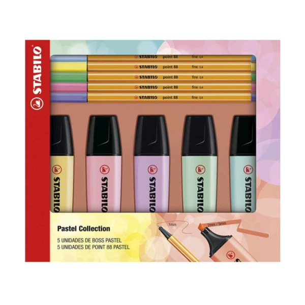 Kit Stabilo com 5 Marca Texto Boss + 5 Canetas Point 88 Tons Pastel