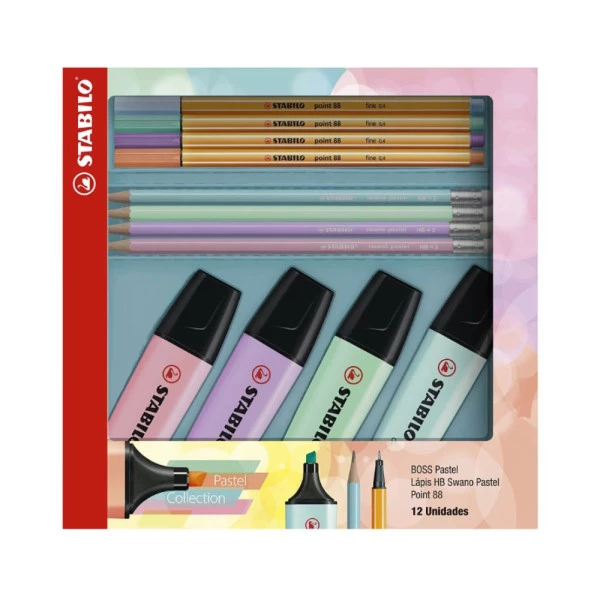 Kit Stabilo Com 4 Marcadores Boss + 4 Canetas Fine Line + 4 Lápis HB Swano em Tons Pastel