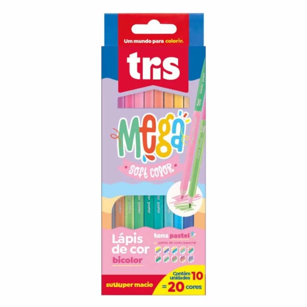 Lápis de Cor Bicolor Pastel Megasoft Tris 20 Cores