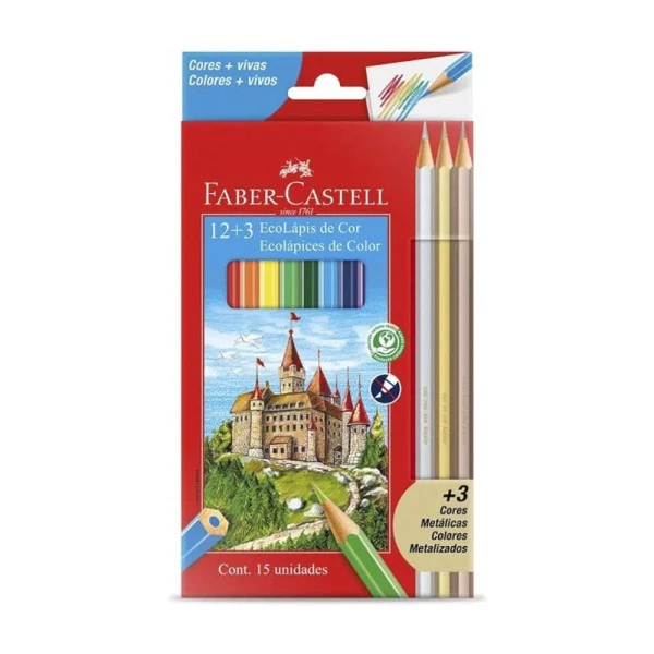 Lápis De Cor Faber Castell 12 Cores + 3 Cores Metálicas