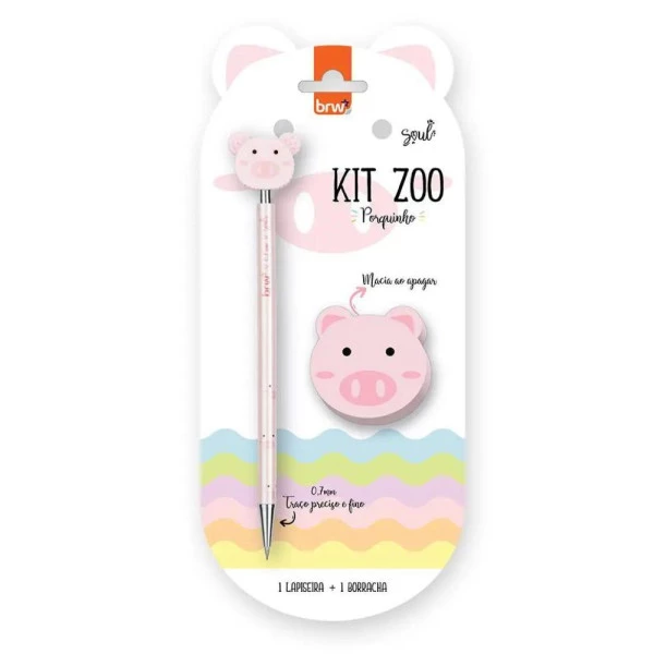 Kit Lapiseira 0.7mm C/ Borracha Zoo Porquinho BRW