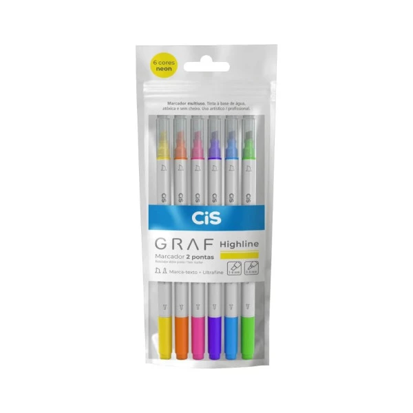 Marca Texto Cis Graf Highline Duas Pontas 6 Cores Neon