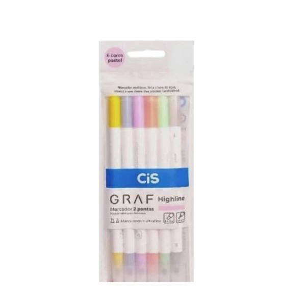 Marca Texto Cis Graf Highline Duas Pontas 6 Cores Pastel